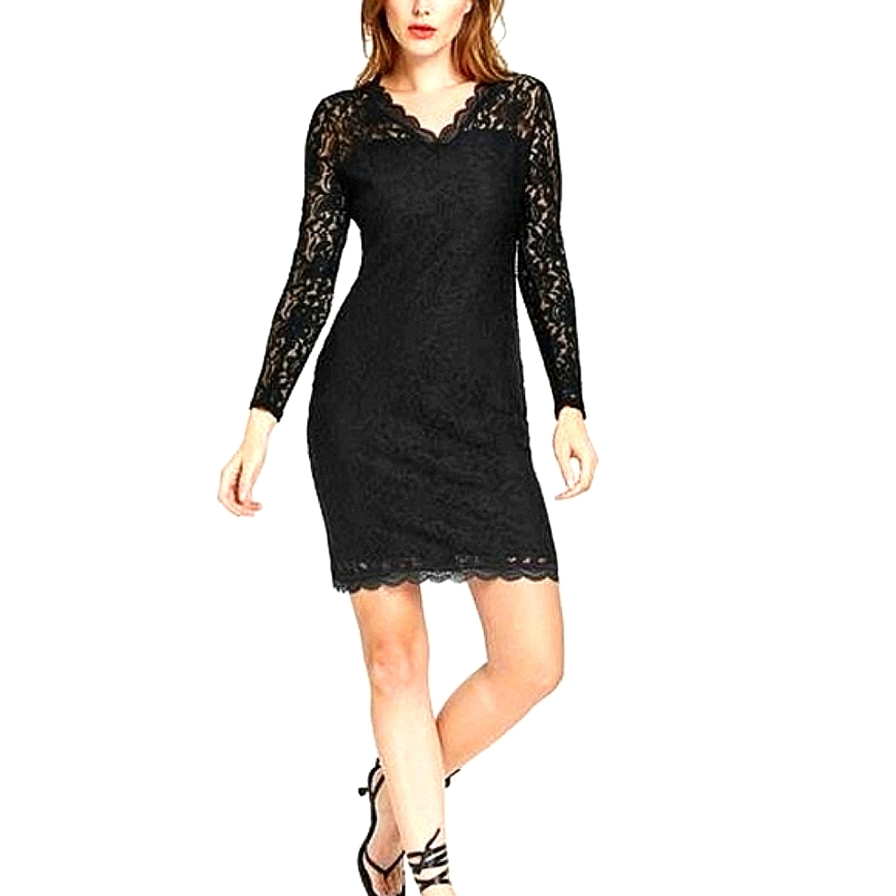 Black V-Neckline Lace Bodycon Cocktail Dress